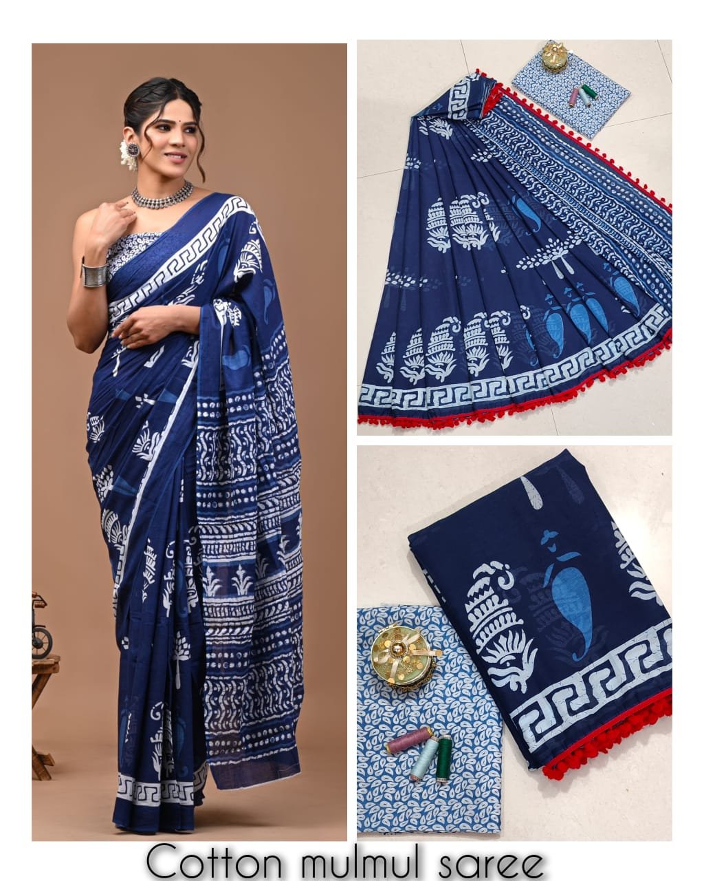 Bagru Block Printed Mulmul Cotton Saree